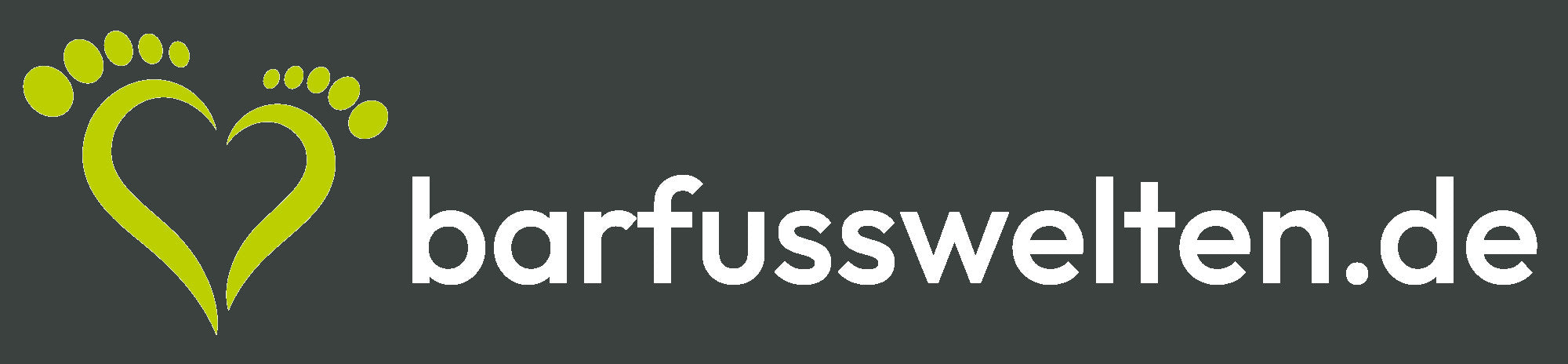 Weißes, horizontal ausgerichtetes Logo von Barfusswelten, dem Onlineshop für Barfußschuhe, mit Herzmotiv aus zwei Füßen