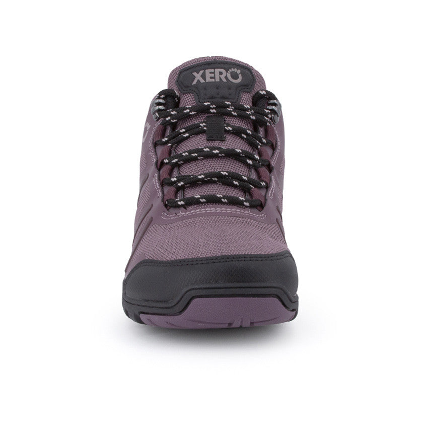 Daylite Hiker Fusion Barfußschuhe für Damen in Mulberry aus der Vorderansicht, perfekt für Wanderungen und Outdoor-Abenteuer. Erhältlich in unserem Onlineshop für Barfußschuhe.