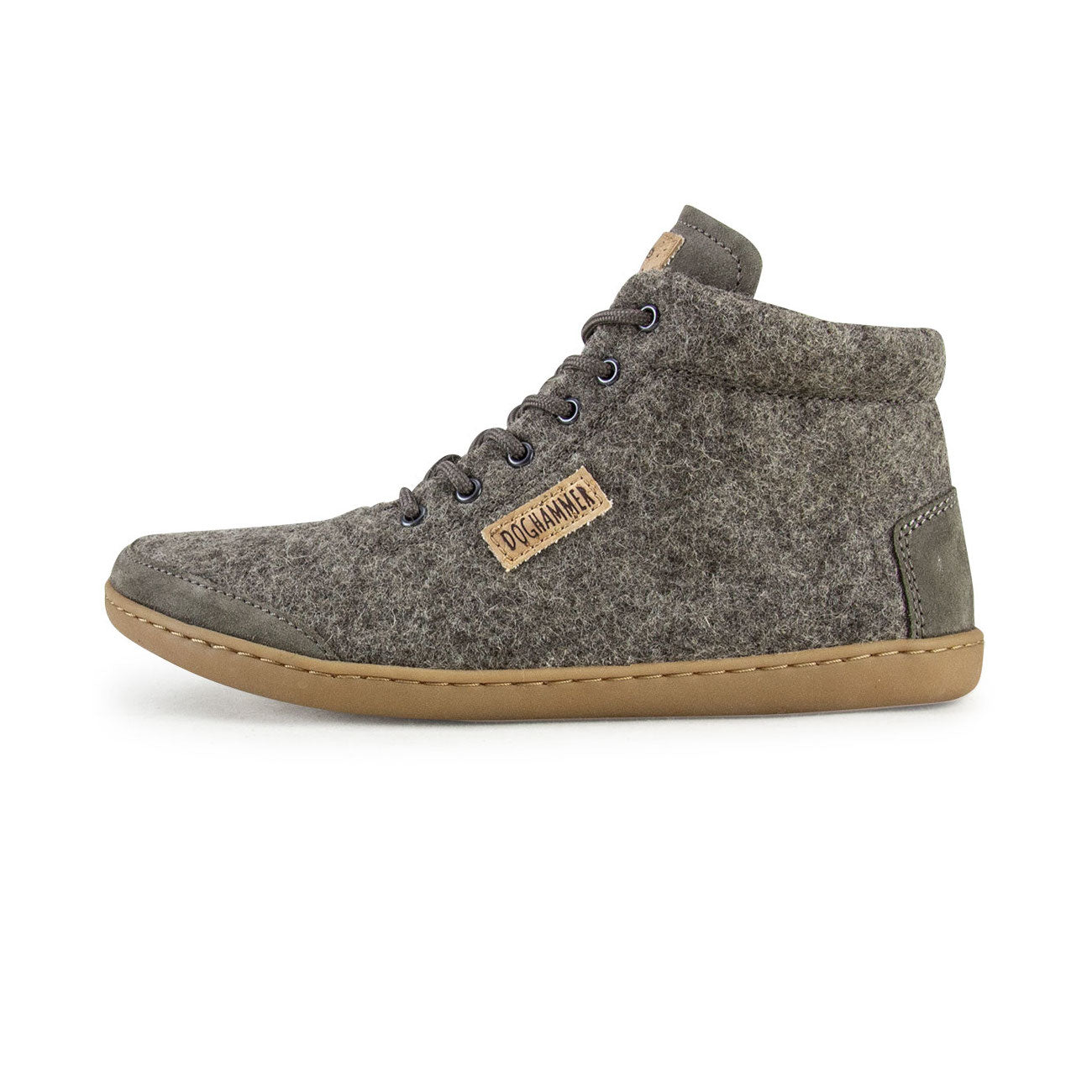 Doghammer Terrar Wool High Barfußschuhe in Grau, warme Woll-Winterschuhe im Onlineshop, am Fuß gezeigt, linke Seitenansicht
