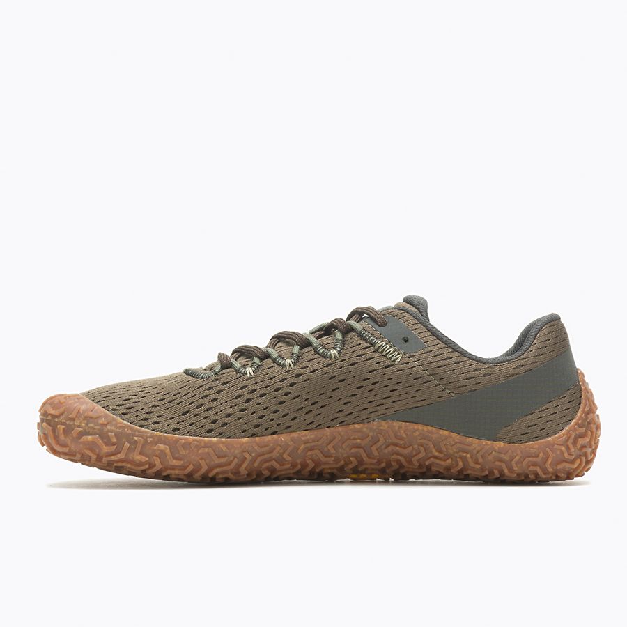 Linke Seitenansicht der Merrell Vapor Glove 6 Barfußschuhe für Herren in der Farbe Olive, verfügbar in unserem Onlineshop für Barfußschuhe