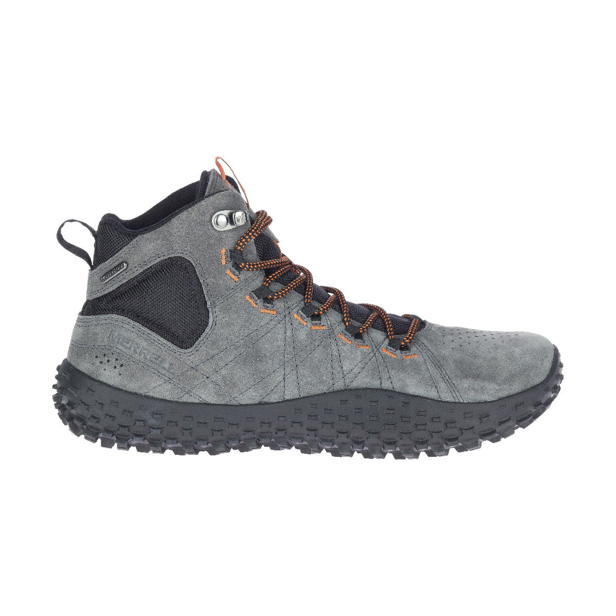 Merrell Wrapt Mid WP Barfußschuhe für Herren in Granitgrau, wasserdichte Wanderschuhe im Onlineshop, rechte Seitenansicht