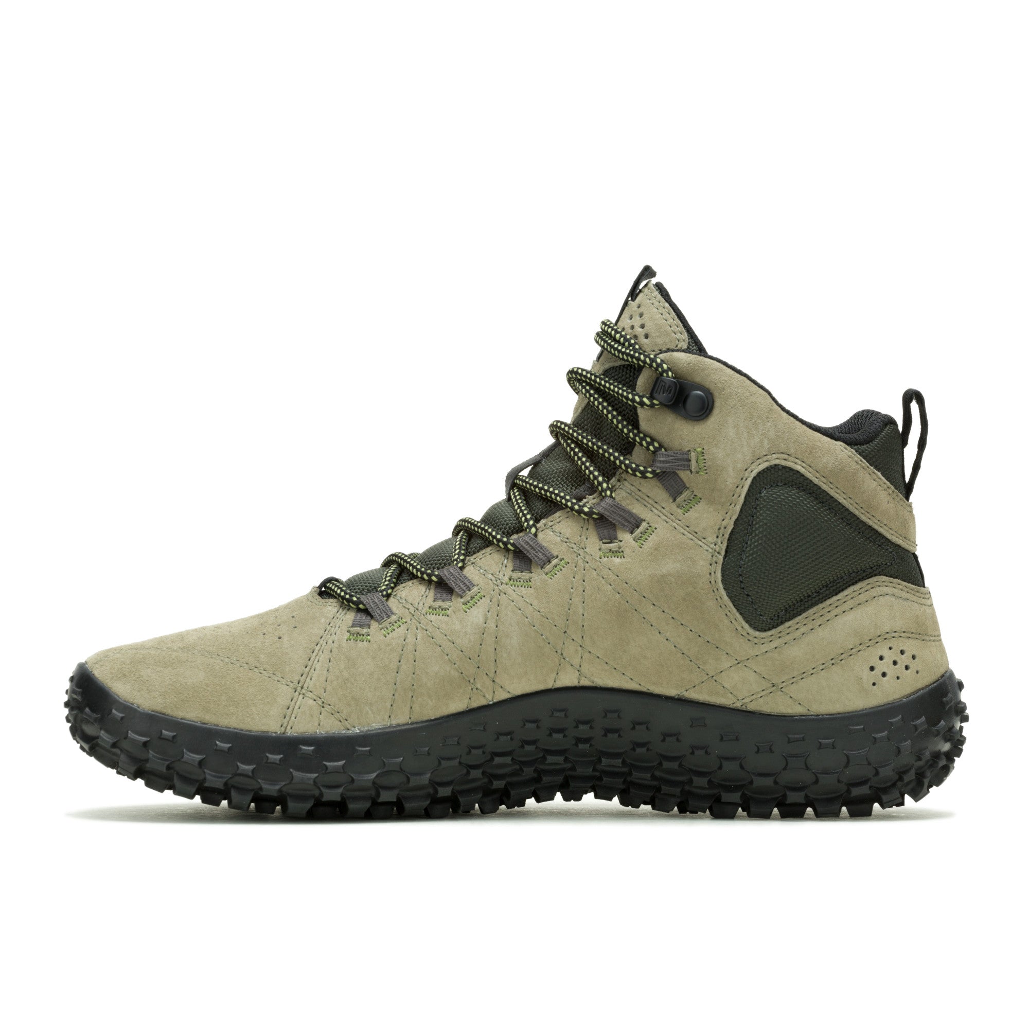 Merrell Wrapt Mid WP Barfußschuhe für Herren in Olive-Schwarz, wasserdichte Wanderschuhe im Onlineshop, Seitenansicht links