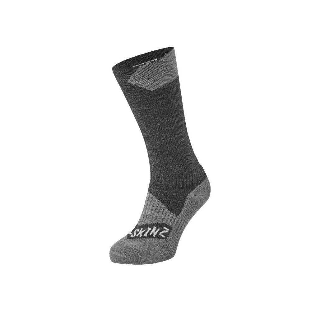 Wasserdichte Sealskinz Raynham Mittellange Allwettersocken mit Merino in Schwarz-Grau, linke Seitenansicht, ideal für jedes Wetter im Onlineshop für Barfußschuhe.