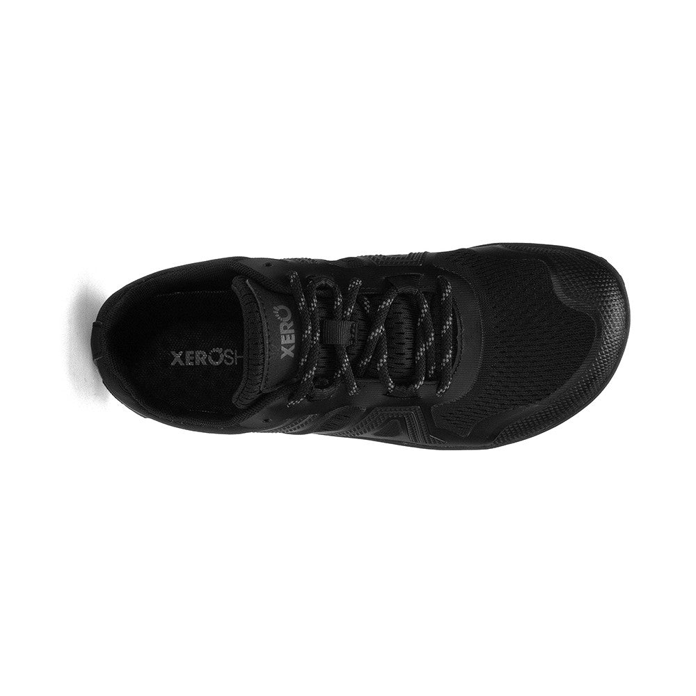 Obenansicht der Xero Shoes Mesa Trail II Damen Barfußschuhe in Black mit atmungsaktivem Mesh als Wanderschuhe im Onlineshop für Barfußschuhe