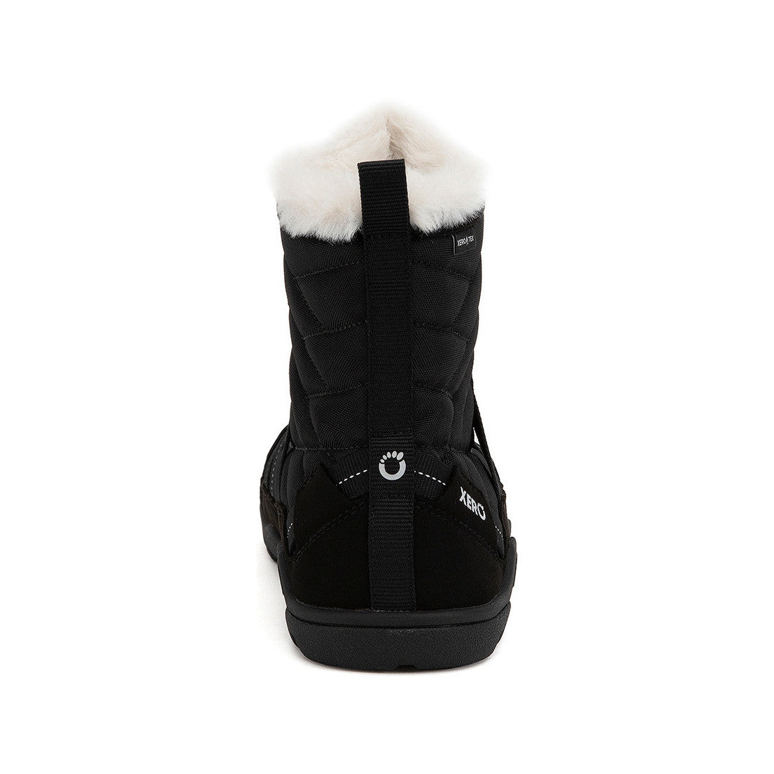 Xero Shoes Alpine Women Barfußschuhe Schneestiefel in Black White, Ansicht von hinten. Leichte, flexible Winterstiefel, die natürlichen Komfort und Wärme bieten. Erhältlich in unserem Onlineshop für Barfußschuhe.