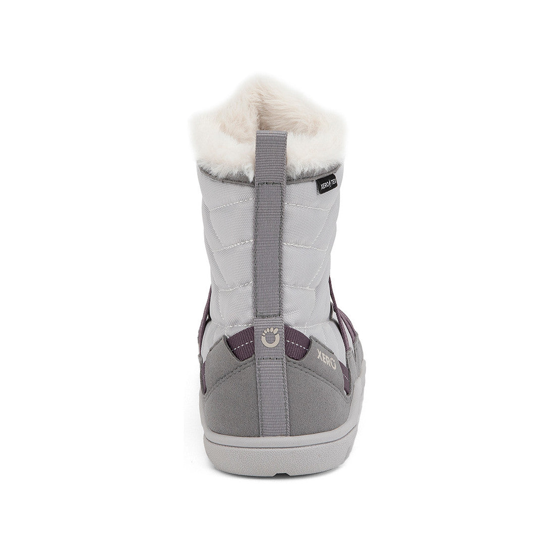 Xero Shoes Alpine Women Barfußschuhe Schneestiefel in Frost Gray, Ansicht von hinten. Leichte, flexible Winterstiefel, die natürlichen Komfort und Wärme bieten. Erhältlich in unserem Onlineshop für Barfußschuhe.