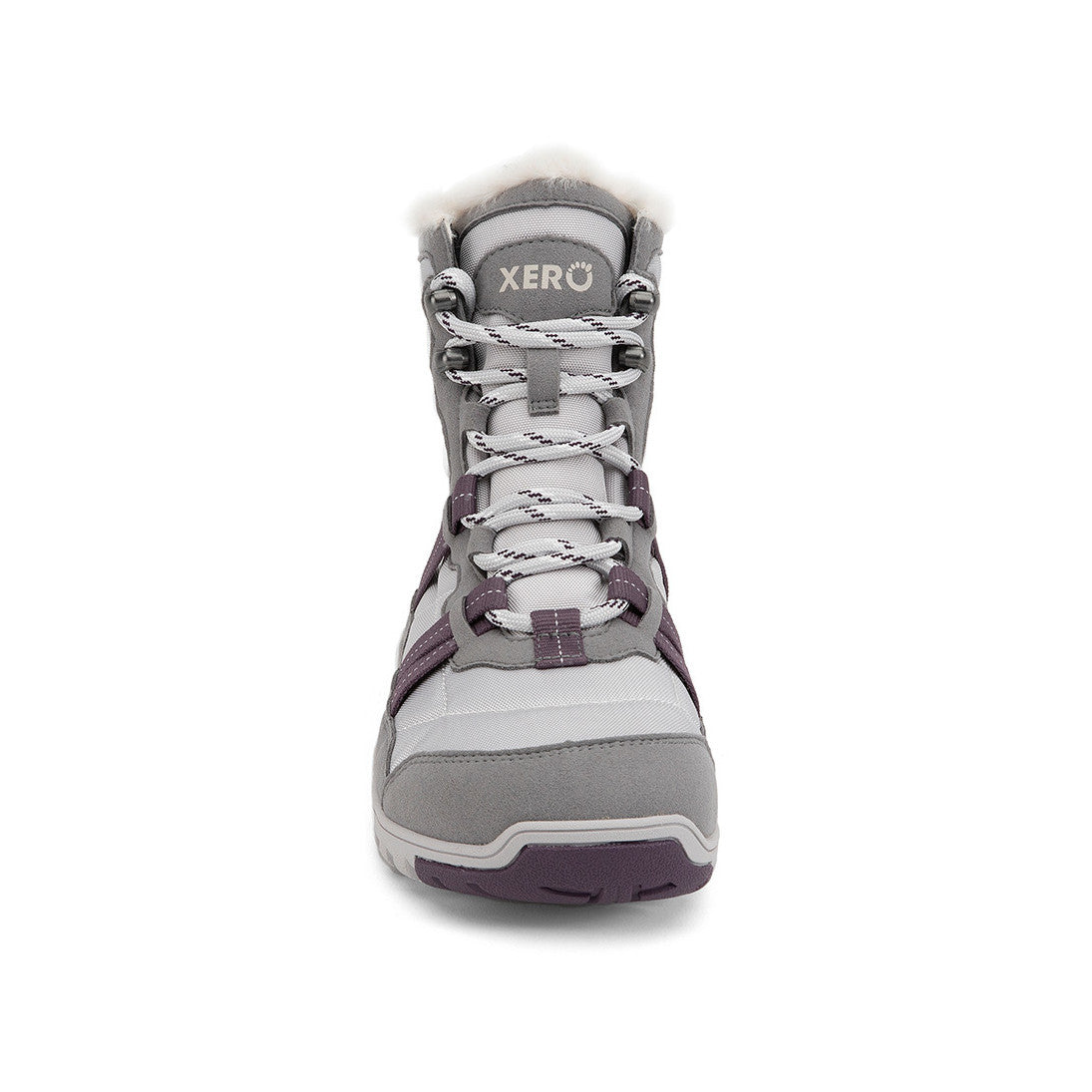Xero Shoes Alpine Women Barfußschuhe Schneestiefel in Frost Gray, Ansicht von vorne. Leichte, flexible Winterstiefel, die natürlichen Komfort und Wärme bieten. Erhältlich in unserem Onlineshop für Barfußschuhe.