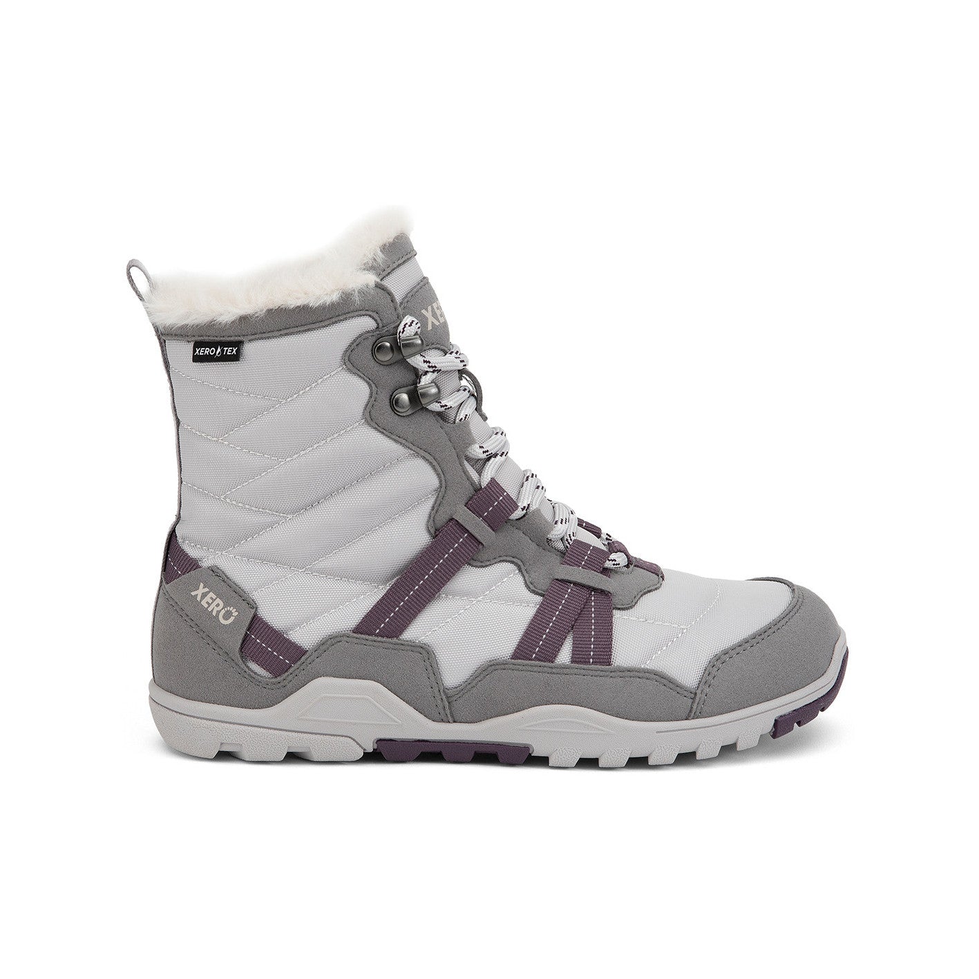 Xero Shoes Alpine Women Barfußschuhe Schneestiefel in Frost Gray, Ansicht von rechts. Leichte, flexible Winterstiefel, die natürlichen Komfort und Wärme bieten. Erhältlich in unserem Onlineshop für Barfußschuhe.