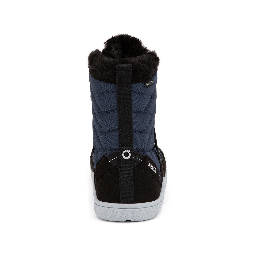 Xero Shoes Alpine Women Navy Black Barfußschuhe Schneestiefel, Ansicht von hinten. Leichte, flexible Winterstiefel in Navy-Black, die natürlichen Komfort und Wärme bieten. Erhältlich in unserem Onlineshop für Barfußschuhe.