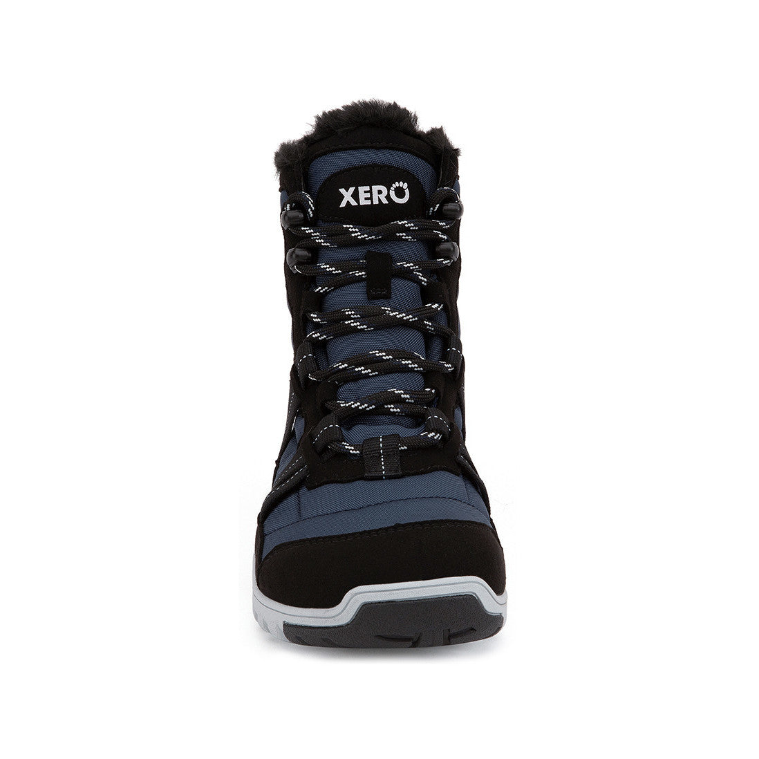 Xero Shoes Alpine Women Navy Black Barfußschuhe Schneestiefel, Ansicht von vorne. Leichte, flexible Winterstiefel, die natürlichen Komfort und Wärme bieten und durch ihre Navy-Black-Farbkombination überzeugen. Erhältlich in unserem Onlineshop für Barfußschuhe.