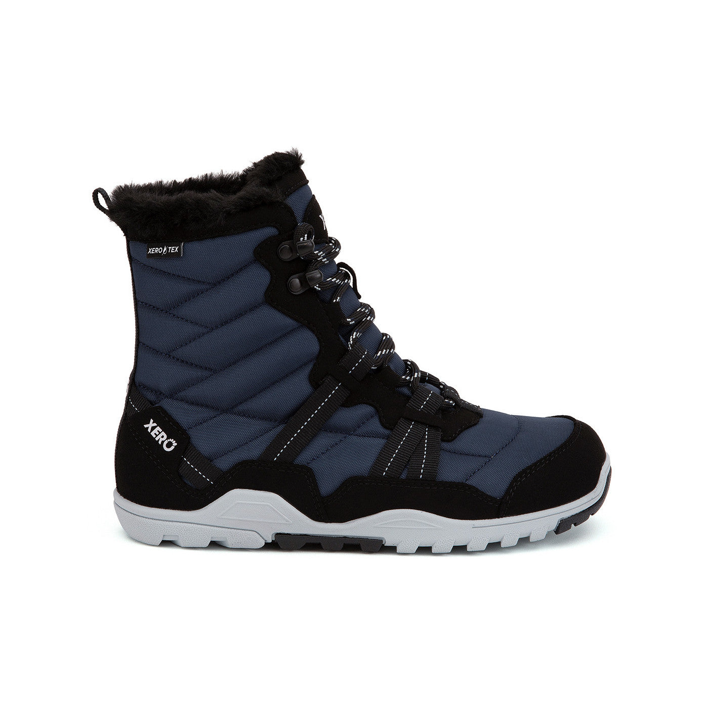 Xero Shoes Alpine Women Navy Black Barfußschuhe Schneestiefel, Ansicht von rechts. Leichte, flexible Winterstiefel in Navy-Black, die natürlichen Komfort und Wärme bieten. Erhältlich in unserem Onlineshop für Barfußschuhe.