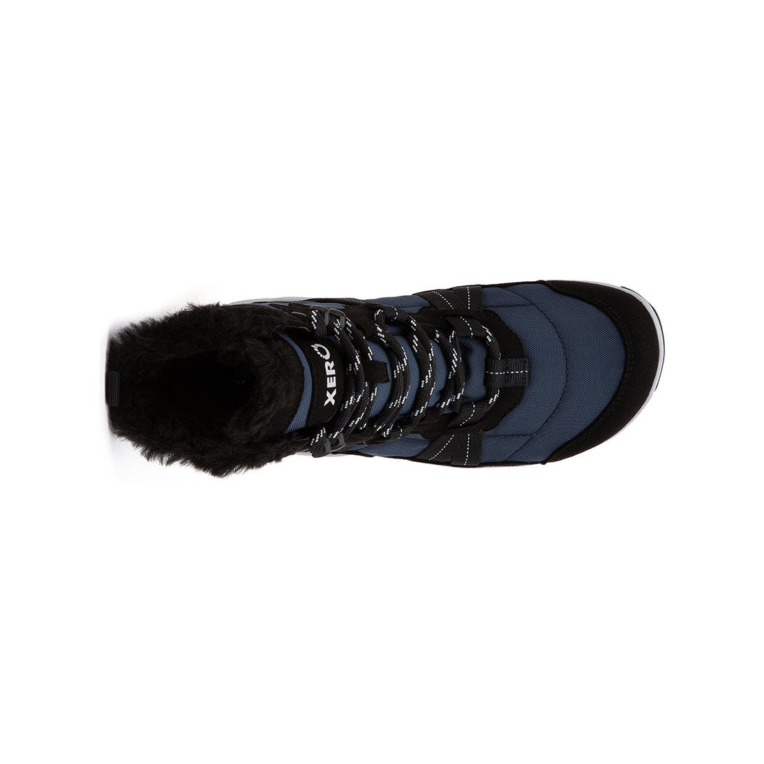 Xero Shoes Alpine Women Navy Black Barfußschuhe Schneestiefel, Ansicht von oben. Leichte, flexible Winterstiefel in Navy-Black, die natürlichen Komfort und Wärme bieten. Erhältlich in unserem Onlineshop für Barfußschuhe.