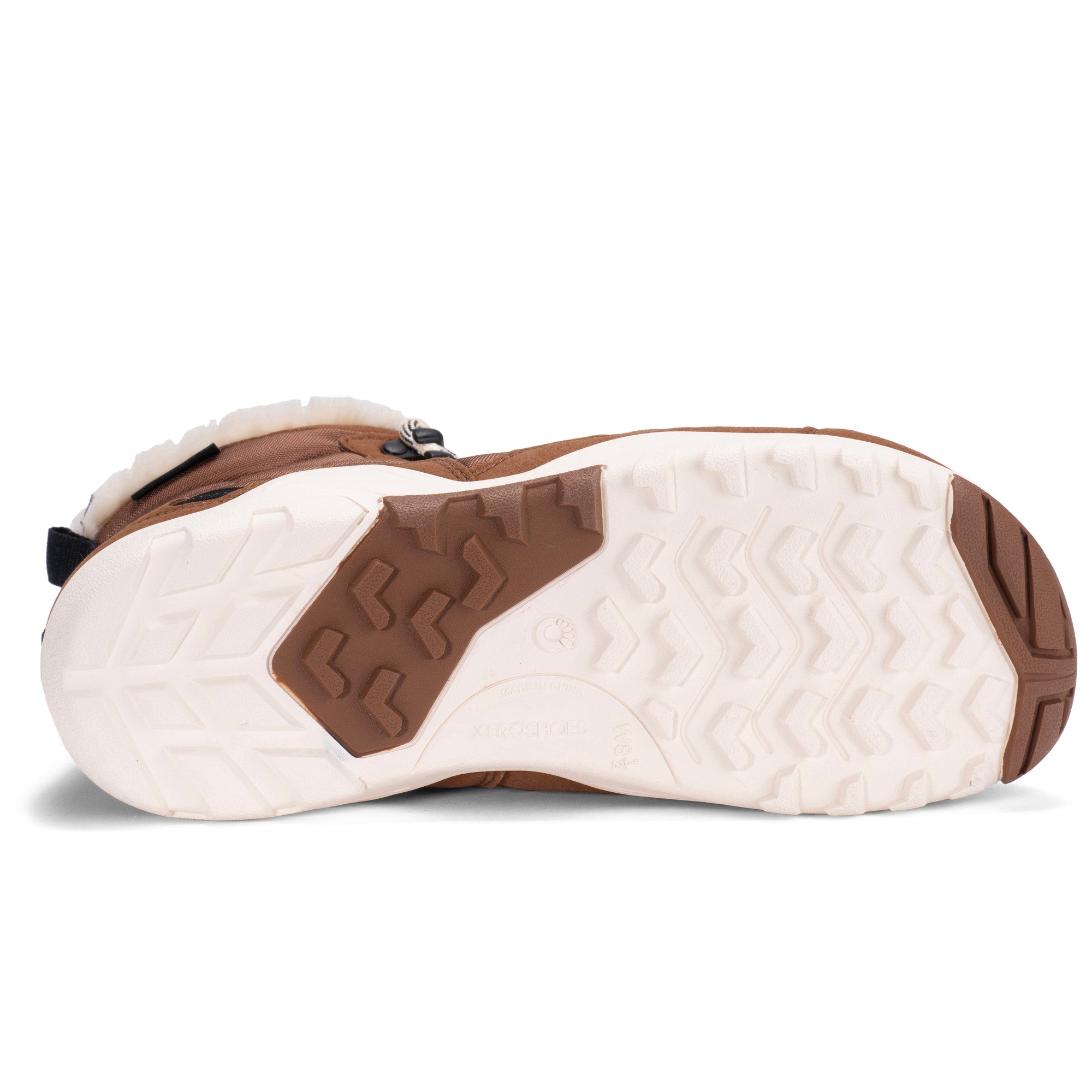 Xero Shoes Alpine Women Barfußschuhe Schneestiefel in Rubber Brown, Ansicht von unten. Leichte, flexible Winterstiefel, die natürlichen Komfort und Wärme bieten. Erhältlich in unserem Onlineshop für Barfußschuhe.