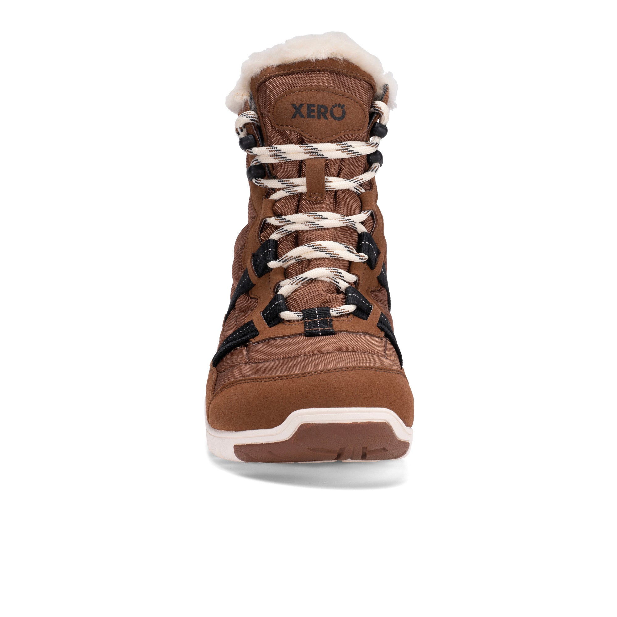 Xero Shoes Alpine Women Barfußschuhe Schneestiefel in Rubber Brown, Ansicht von vorne. Leichte, flexible Winterstiefel, die natürlichen Komfort und Wärme bieten. Erhältlich in unserem Onlineshop für Barfußschuhe.