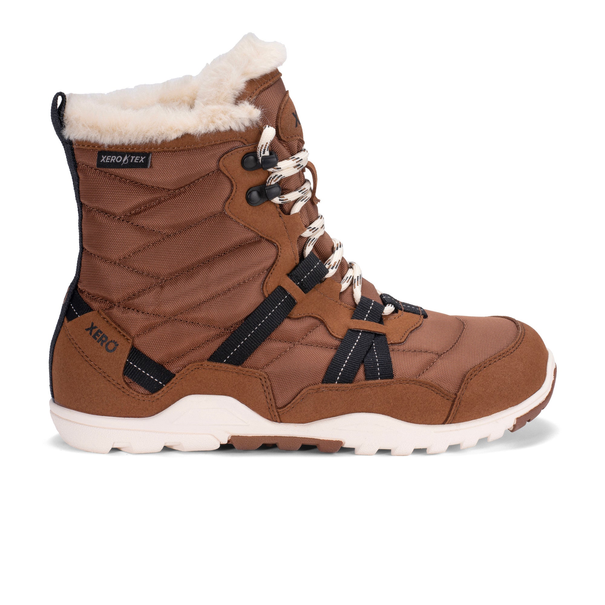 Xero Shoes Alpine Women Barfußschuhe Schneestiefel in Rubber Brown, Ansicht von rechts. Leichte, flexible Winterstiefel, die natürlichen Komfort und Wärme bieten. Erhältlich in unserem Onlineshop für Barfußschuhe.