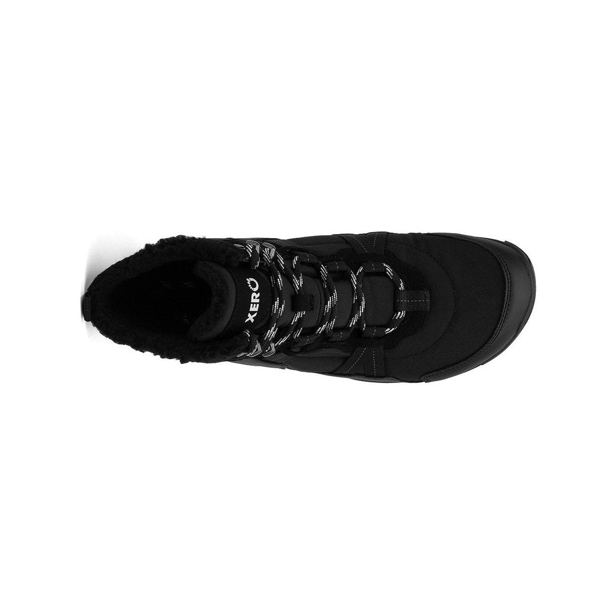 Xero Shoes Alpine Men Black Barfußschuhe Schneestiefel für den Winter, Ansicht von oben. Leichte, flexible Winterstiefel in Schwarz, die natürlichen Komfort und Wärme bieten. Erhältlich in unserem Onlineshop für Barfußschuhe.