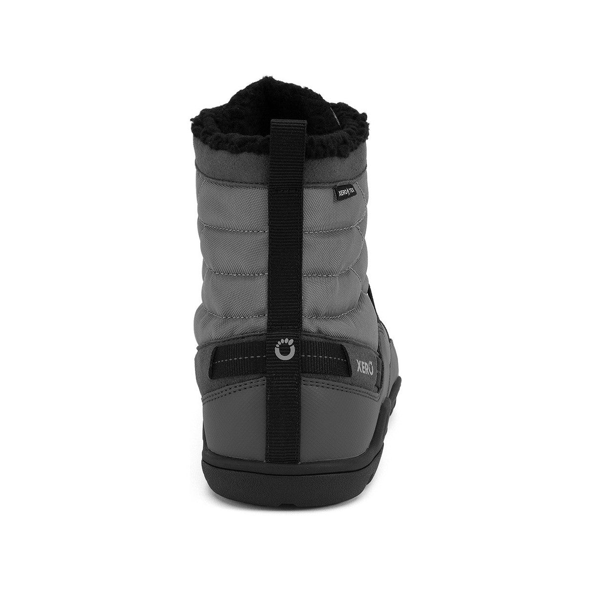 Xero Shoes Alpine Men Asphalt Black Barfußschuhe Schneestiefel für den Winter, Rückansicht. Leichte, flexible Winterstiefel in Asphalt Black, die natürlichen Komfort und Wärme bieten. Erhältlich in unserem Onlineshop für Barfußschuhe.