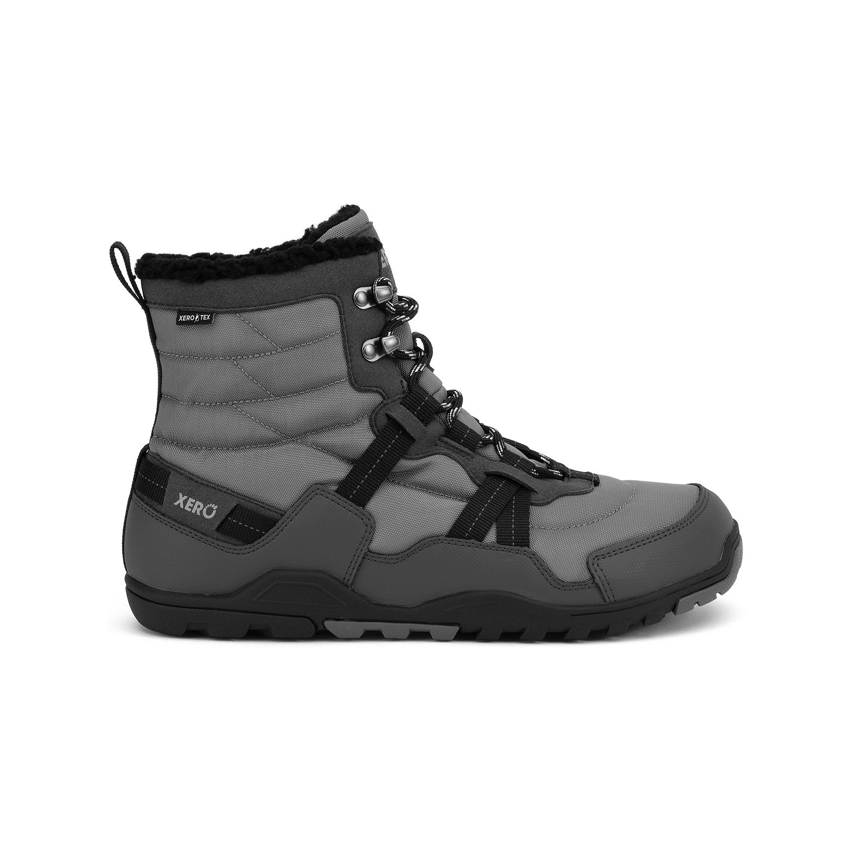 Xero Shoes Alpine Men Asphalt Black Barfußschuhe Schneestiefel für den Winter, rechte Seitenansicht. Robuste, flexible Stiefel für natürliche Bewegung und optimalen Komfort im Schnee. Erhältlich in unserem Onlineshop für Barfußschuhe.