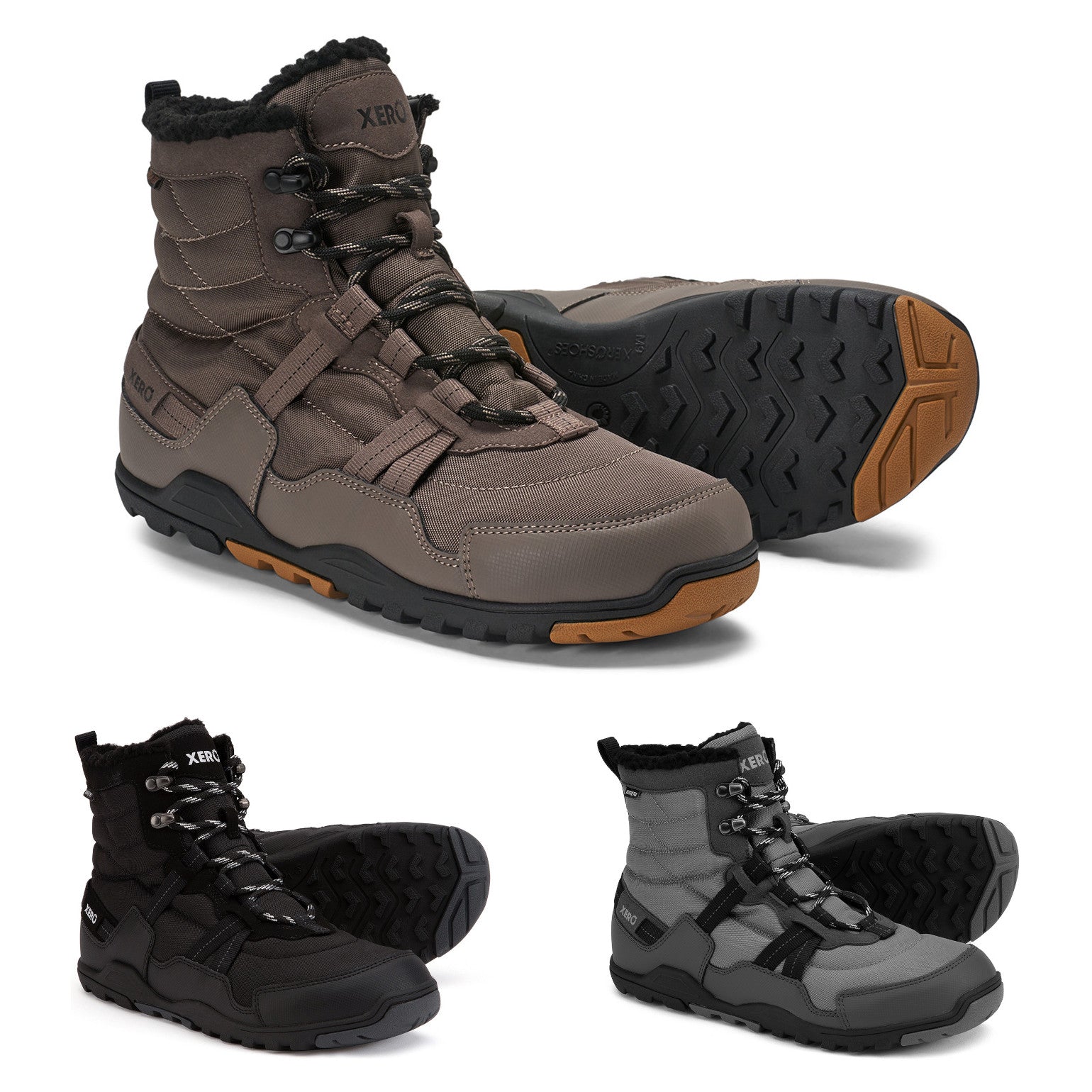 Xero Shoes Alpine Men Barfußschuhe Schneestiefel für den Winter, Ansicht aller verfügbaren Farben. Leichte, flexible Winterstiefel, die natürlichen Komfort und Wärme bieten. Erhältlich in unserem Onlineshop für Barfußschuhe.
