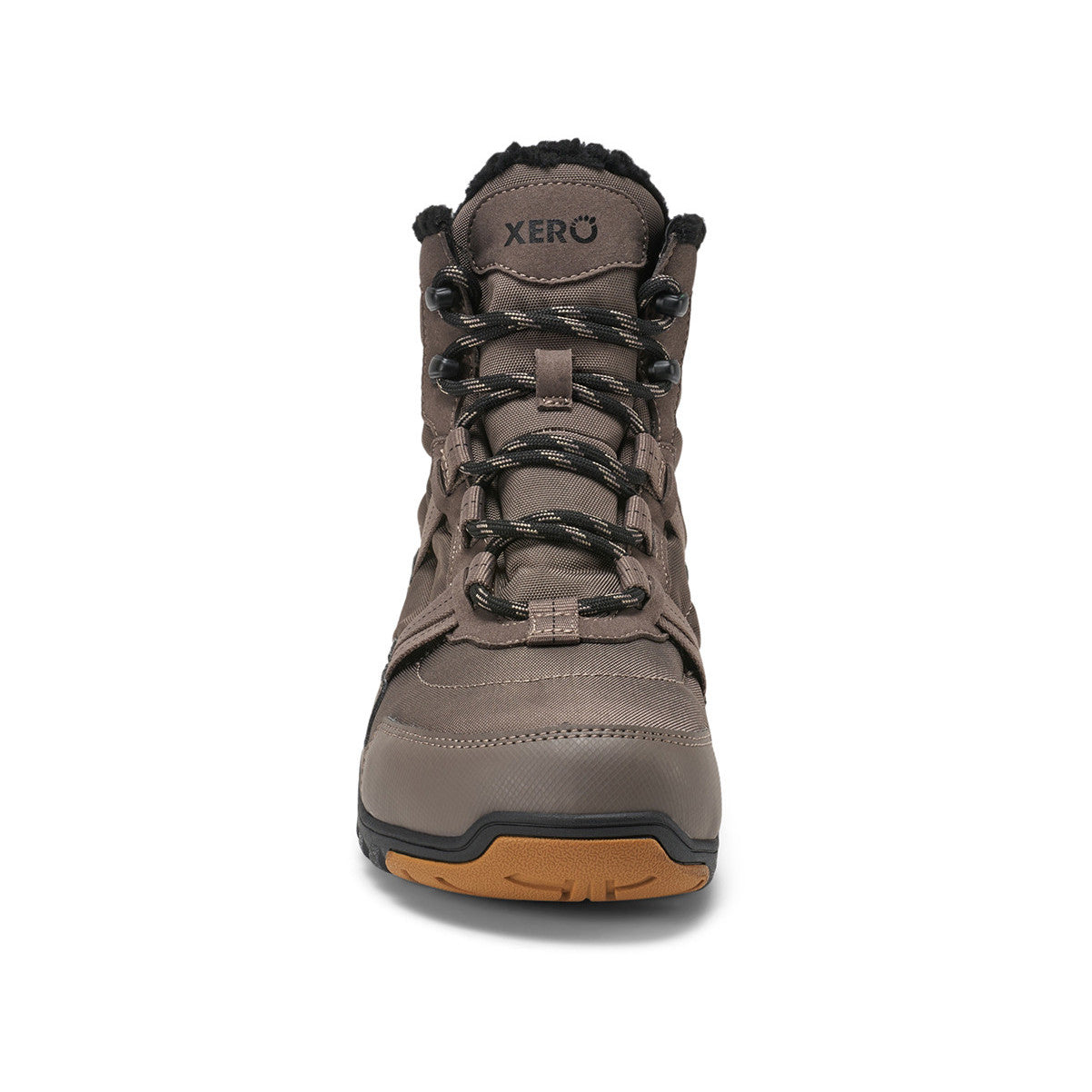 Xero Shoes Alpine Men Taupe Barfußschuhe Schneestiefel für den Winter, Ansicht von vorne. Leichte, flexible Winterstiefel in Taupe, die natürlichen Komfort und Wärme bieten. Erhältlich in unserem Onlineshop für Barfußschuhe.