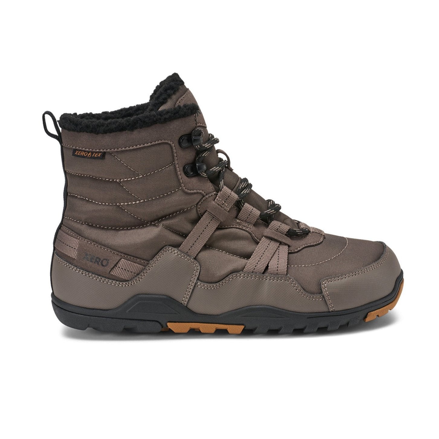 Xero Shoes Alpine Men Taupe Barfußschuhe Schneestiefel für den Winter, Ansicht von rechts. Leichte, flexible Winterstiefel in Taupe, die natürlichen Komfort und Wärme bieten. Erhältlich in unserem Onlineshop für Barfußschuhe.