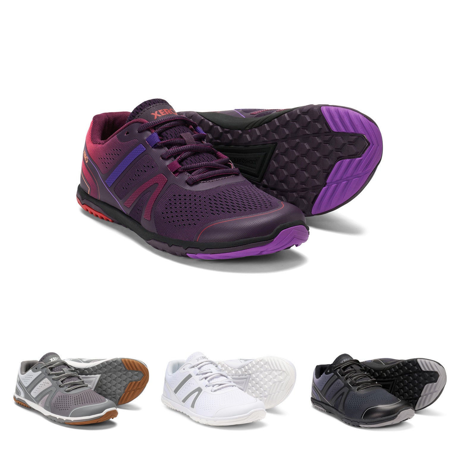 Xero Shoes HFS II 2 Damen Sneaker Barfußschuhe Laufschuhe, Ansicht der verschiedenen Farben. Diese ultraleichten und flexiblen Barfußlaufschuhe bieten ein natürliches Laufgefühl und optimale Unterstützung für jede Bewegung. Perfekt für aktive Frauen, die ihre Laufperformance auf das nächste Level bringen möchten. Erhältlich in unserem Onlineshop für Barfußschuhe.