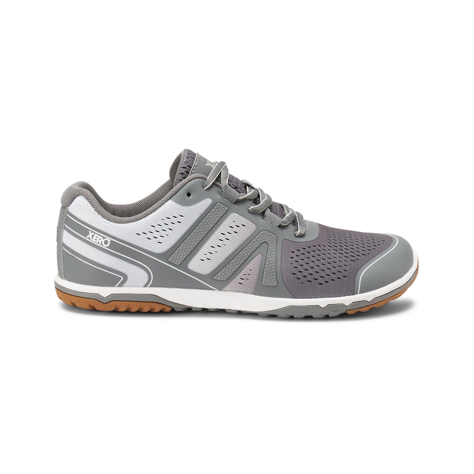 Damen-Barfußschuhe Xero Shoes HFS II in Grau-Weiß, rechte Seitenansicht, atmungsaktiv und flexibel, ideal für Laufsport und unseren Onlineshop.