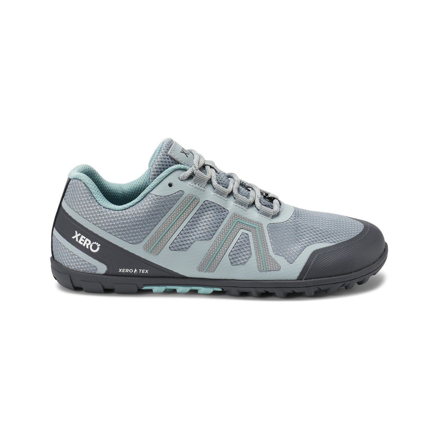 Rechte Seitenansicht der Xero Shoes Mesa Trail WP Damen Barfußschuhe in mist, wasserdichte Wanderschuhe im Onlineshop für Barfußschuhe