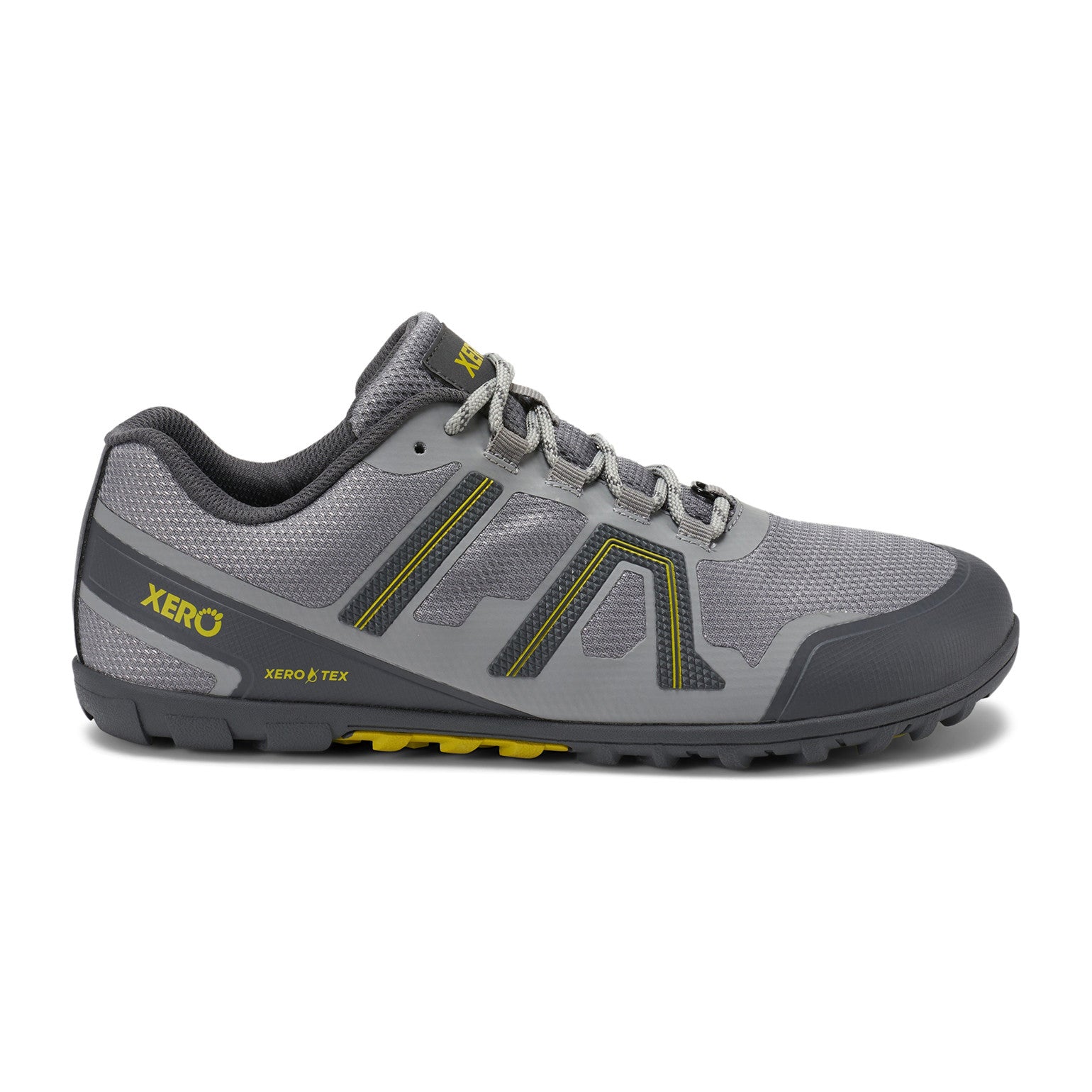 Rechte Seitenansicht der wasserdichten Xero Shoes Mesa Trail WP Herren Barfußschuhe in Steel als Wanderschuhe im Onlineshop für Barfußschuhe