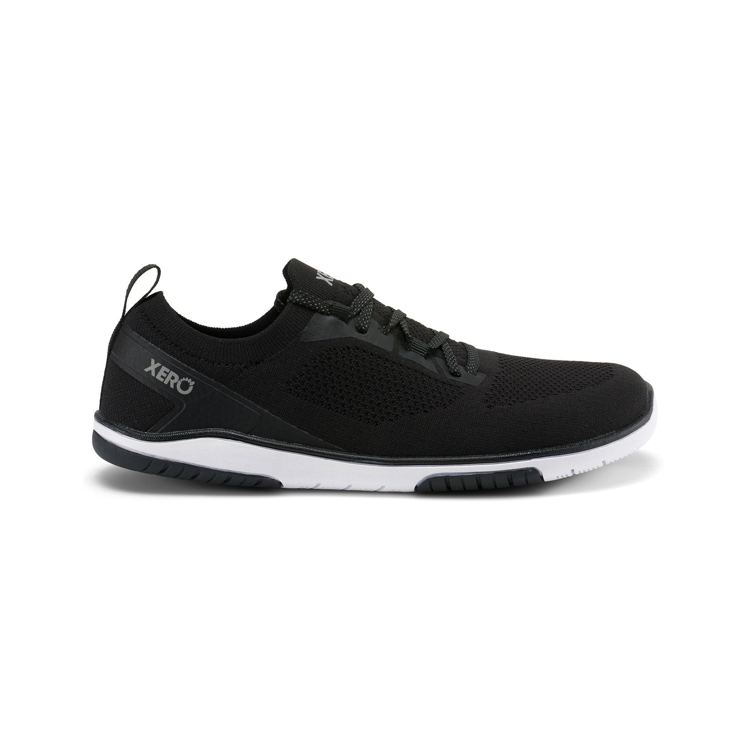 Damen-Barfußschuhe Xero Shoes Nexus Knit in Schwarz, Seitenansicht rechts, atmungsaktiv und flexibel, ideal für unseren Onlineshop für Barfußschuhe.