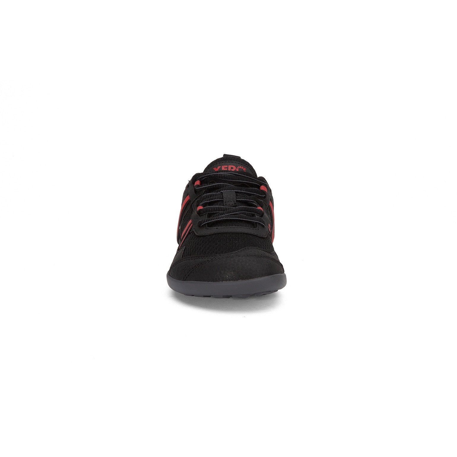 Frontansicht der Xero Shoes Prio Kids Barfußschuhe in Black Samba Red für Kinder im Onlineshop für Barfußschuhe