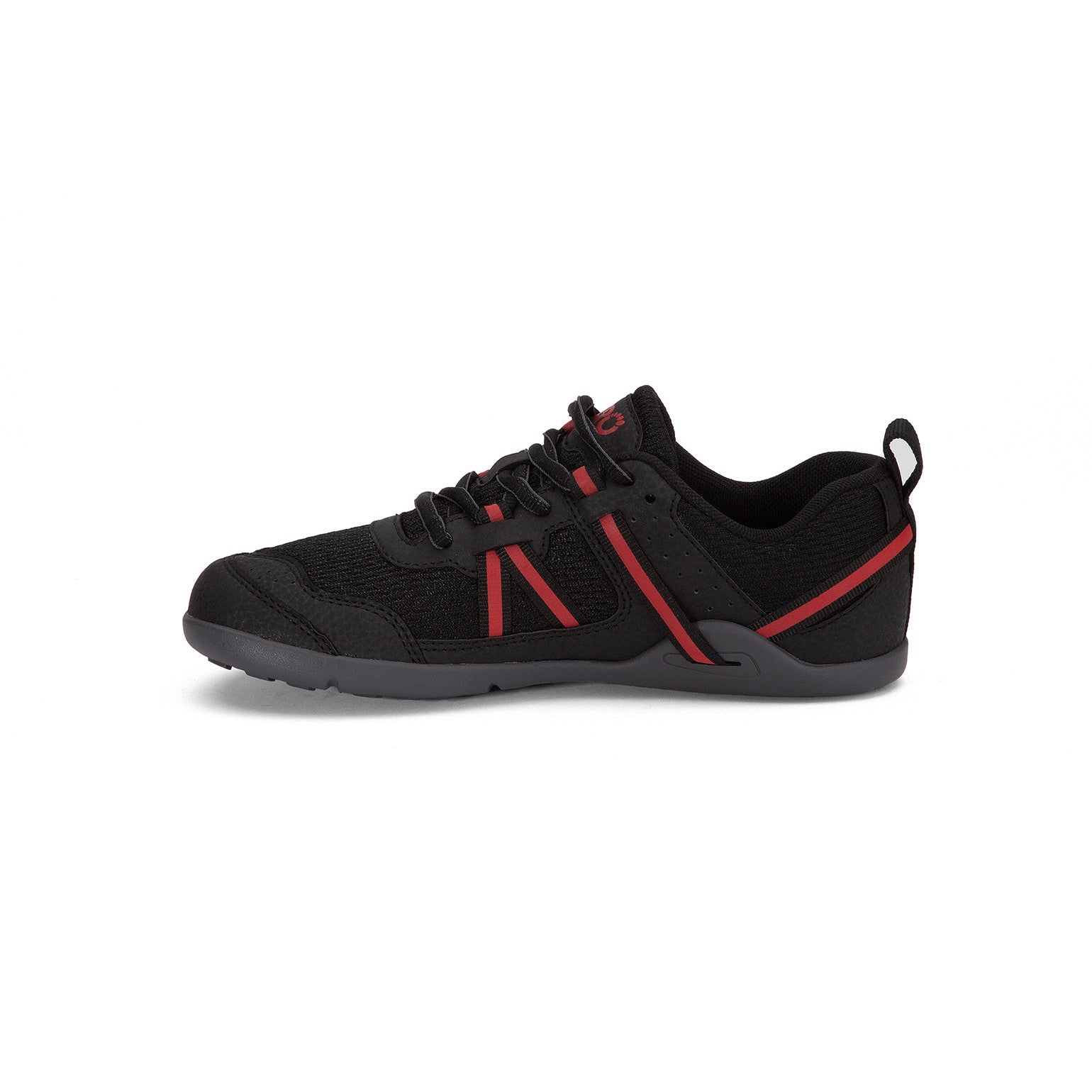 Linke Ansicht der Xero Shoes Prio Kids Barfußschuhe in Black Samba Red für Kinder im Onlineshop für Barfußschuhe