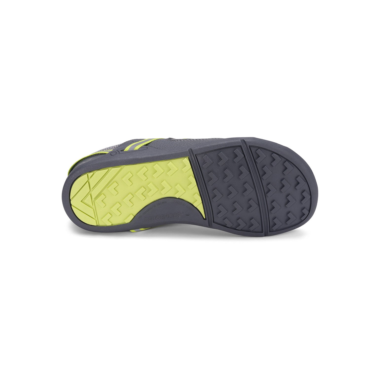 Sohlenansicht der Xero Shoes Prio Barfußschuhe für Kinder in Gray Lime im Onlineshop für Barfußschuhe