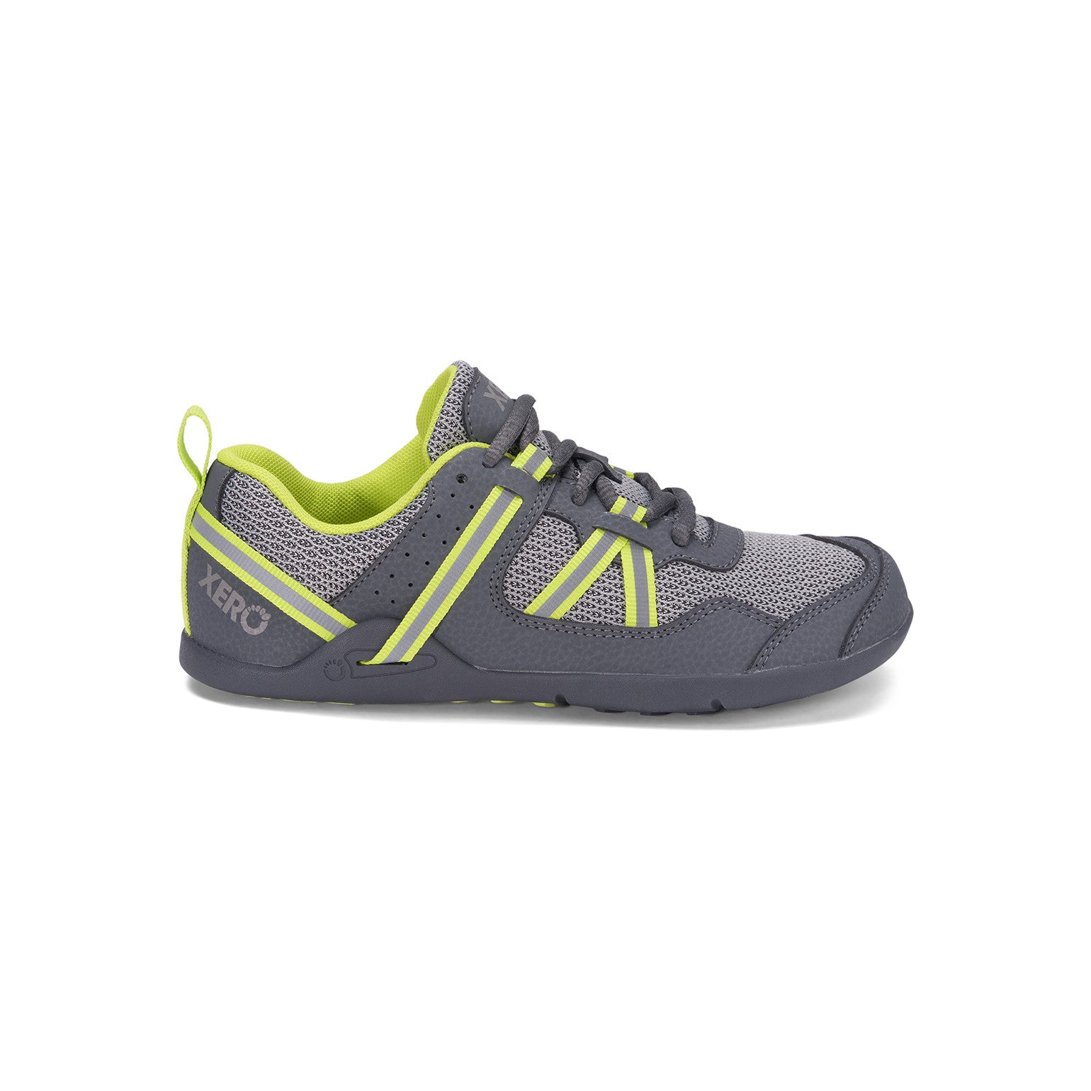 Rechte Seitenansicht der Xero Shoes Prio Barfußschuhe für Kinder in Gray Lime im Onlineshop für Barfußschuhe, flexibel und leicht