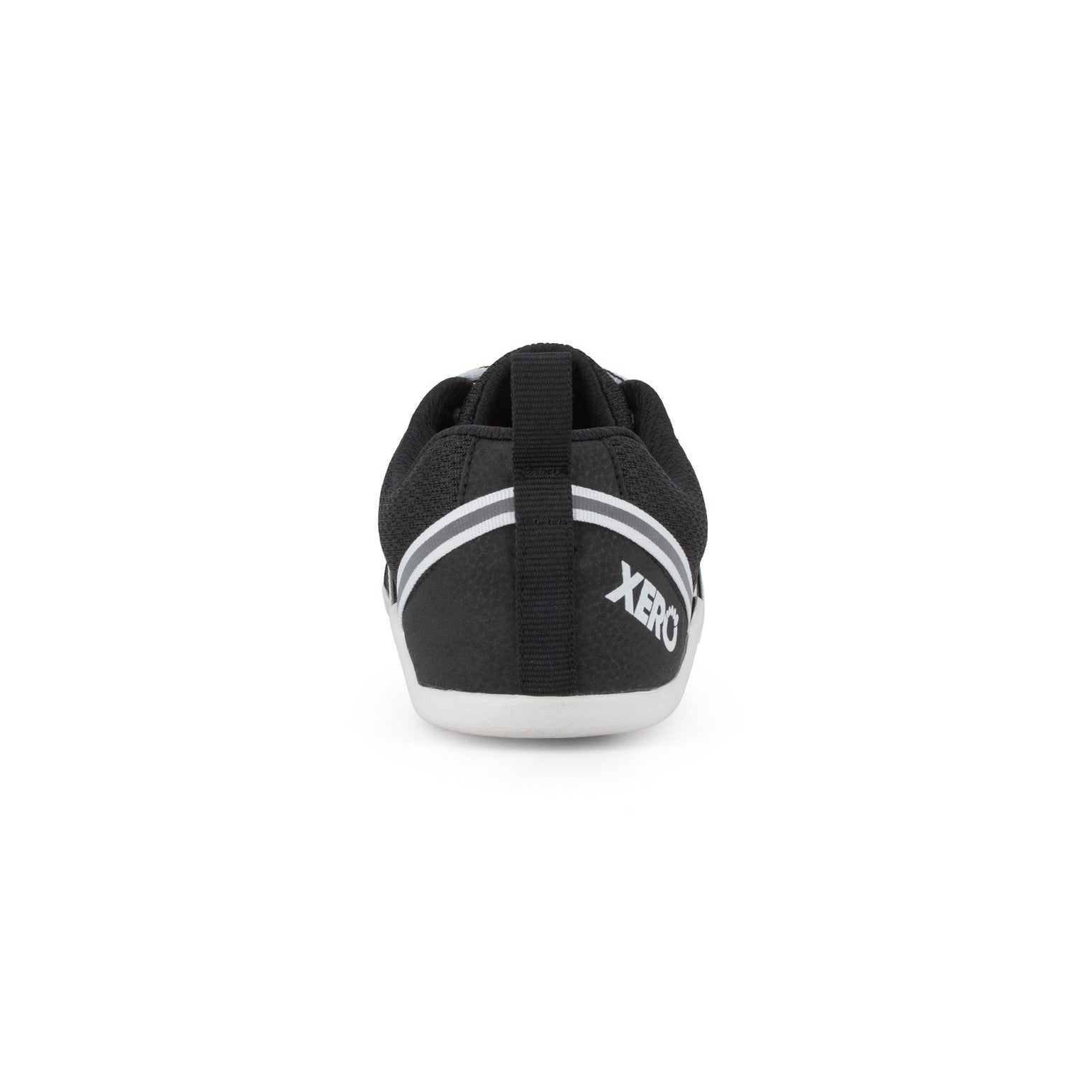 Xero Shoes Prio Barfußschuhe für Herren in Schwarz-Weiß, Rückansicht im Onlineshop für Barfußschuhe