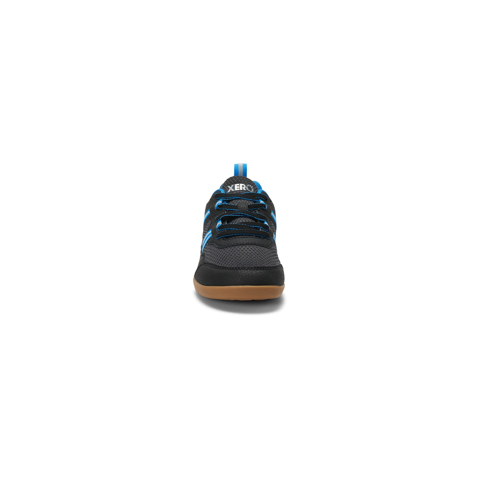 Die Xero Shoes Prio Youth in Schwarz und Blau als flexible Barfußschuhe für Kinder, Vorderansicht, verfügbar in unserem Onlineshop für Barfußschuhe.