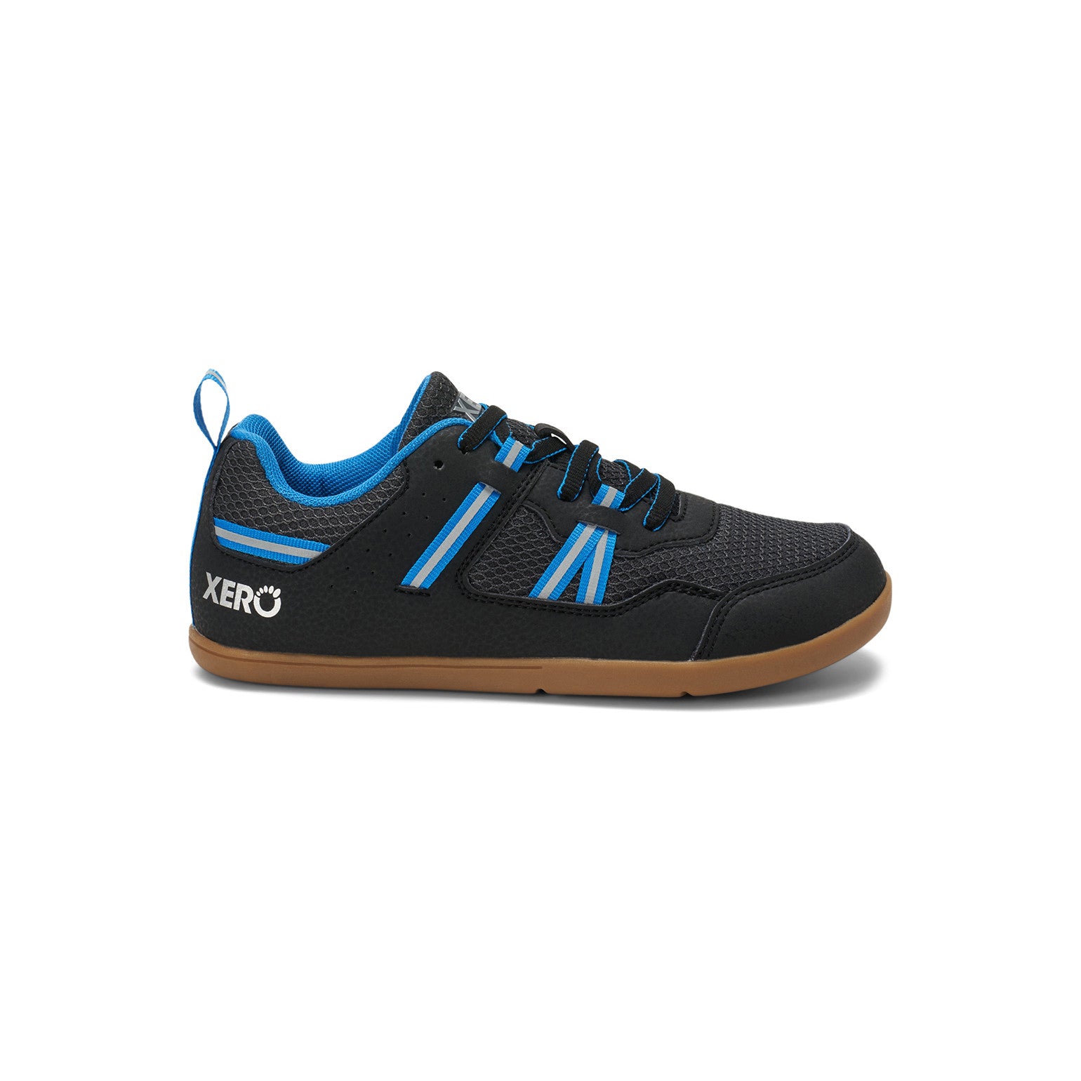 Die Xero Shoes Prio Youth in Schwarz und Blau als vielseitige Barfußschuhe für Kinder, Seitenansicht rechts, erhältlich in unserem Onlineshop für Barfußschuhe.