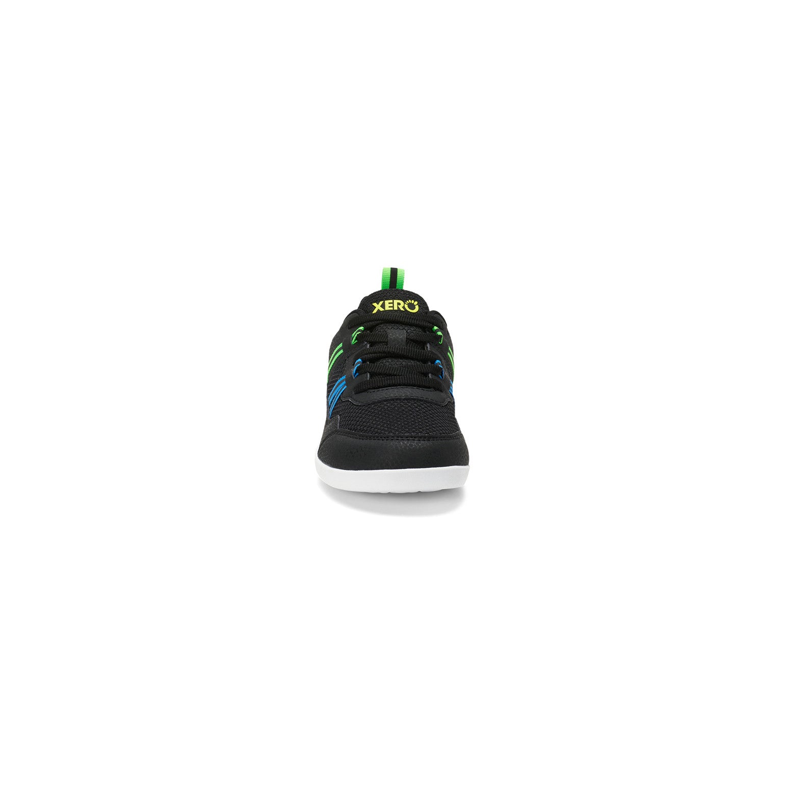 Die Xero Shoes Prio Youth in Schwarz und Lime als flexible Barfußschuhe für Kinder, Vorderansicht, verfügbar in unserem Onlineshop für Barfußschuhe.