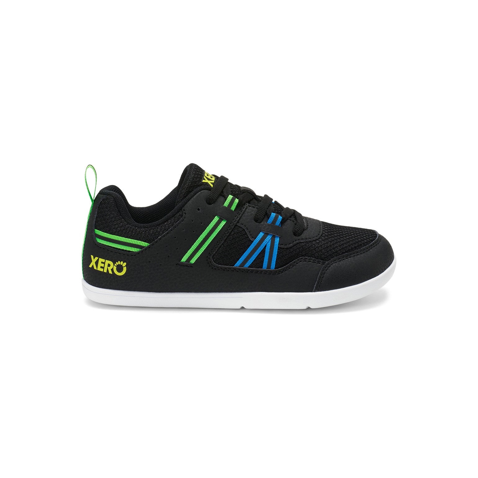 Die Xero Shoes Prio Youth in Schwarz und Lime als vielseitige Barfußschuhe für Kinder, Seitenansicht rechts, erhältlich in unserem Onlineshop für Barfußschuhe.