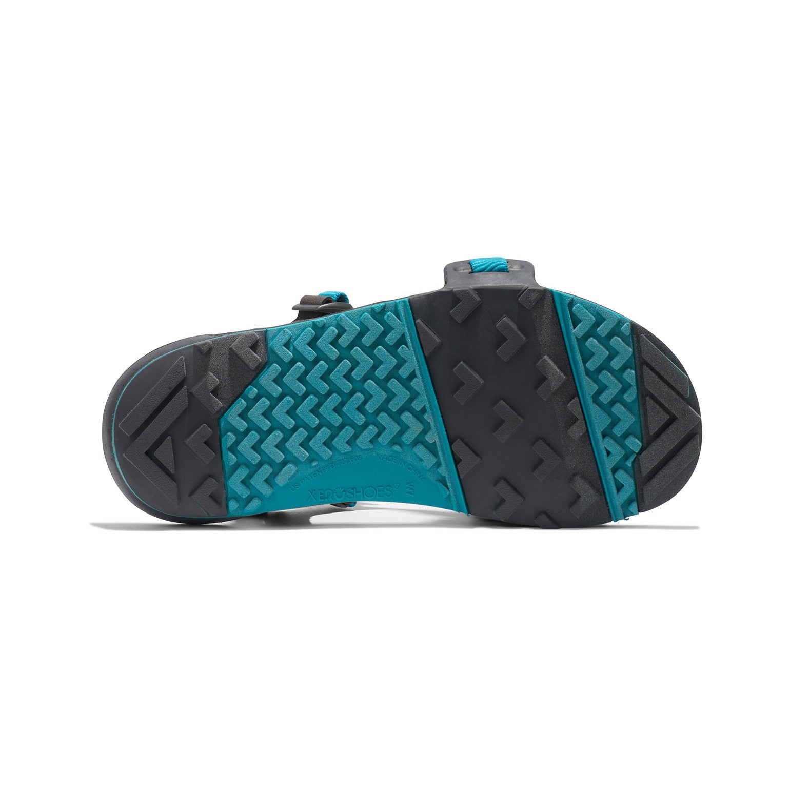 Damen-Barfußsandalen Xero Shoes Z-Trail EV in Lake Blue, Ansicht der Sohle, griffig und flexibel, ideal für Trekking und unseren Onlineshop.