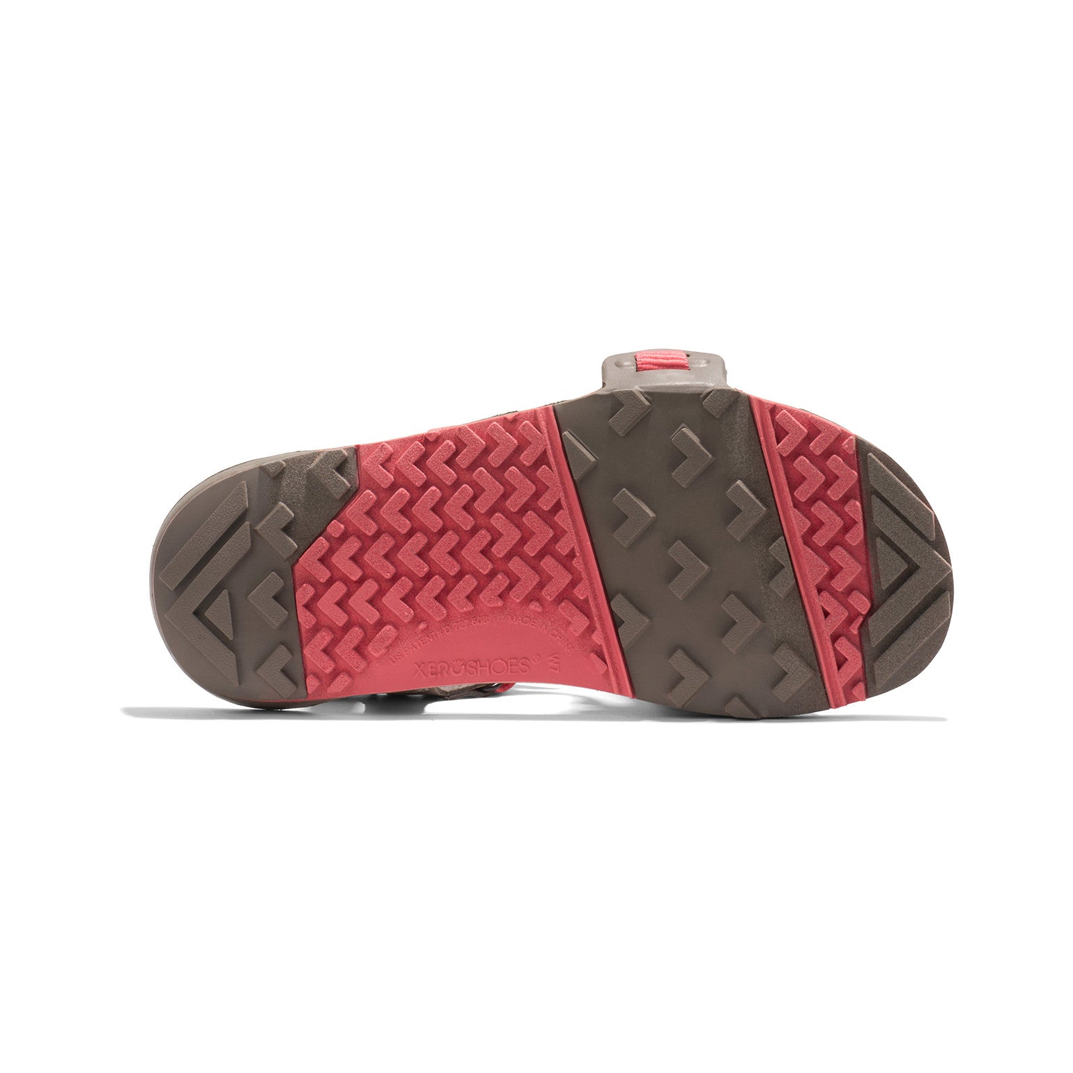 Damen-Barfußsandalen Xero Shoes Z-Trail EV in Sunset Coral, Ansicht der Sohle, griffig und flexibel, ideal für Trekking und unseren Onlineshop.