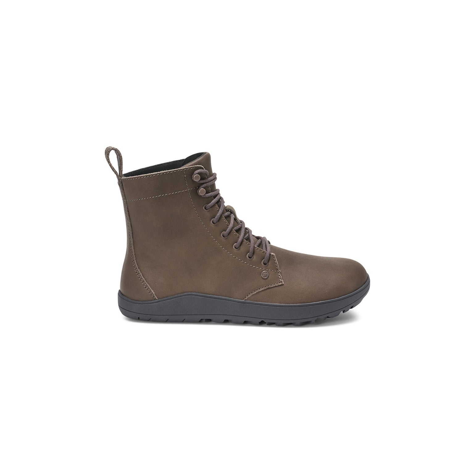 Barfußschuhe Xero Shoes Breckenridge in Grau aus Leder, knöchelhohe Damenstiefel, rechte Ansicht, erhältlich in unserem Onlineshop.