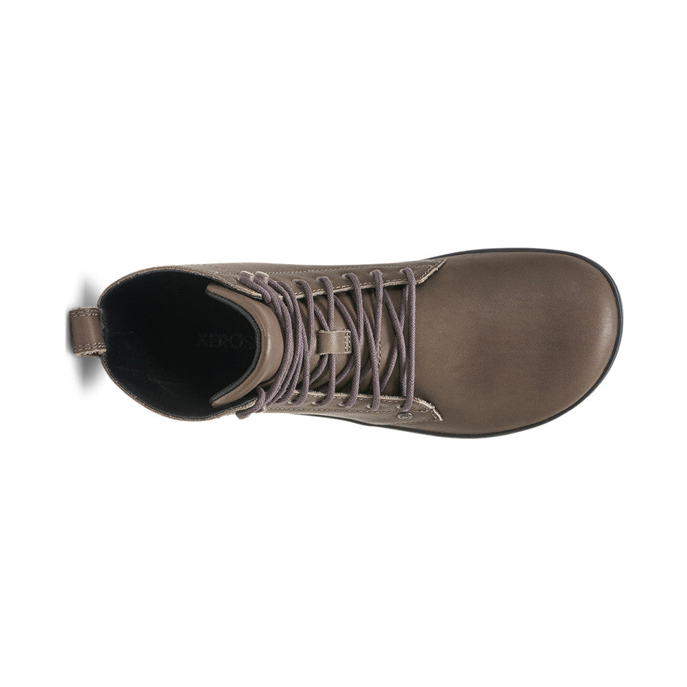 Barfußschuhe Xero Shoes Breckenridge in Grau aus Leder, knöchelhohe Damenstiefel, Oberansicht, erhältlich in unserem Onlineshop.
