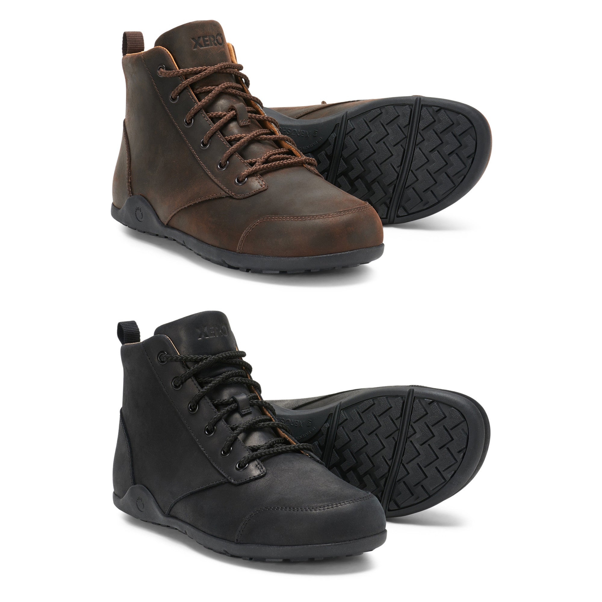Übersicht der Xero Shoes Denver Barfußstiefeletten in verschiedenen Farben, ledergefütterte Herrenschuhe für Alltag und Outdoor, erhältlich in unserem Onlineshop für Barfußschuhe.