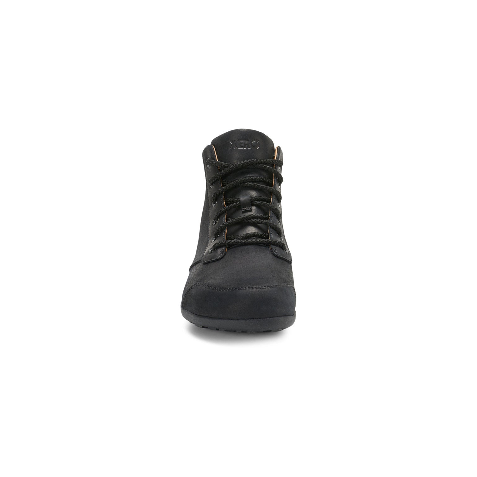 Vordere Ansicht der schwarzen Xero Shoes Denver Barfußstiefeletten, ledergefütterte Herrenschuhe für Alltag und Outdoor, im Onlineshop für Barfußschuhe erhältlich.