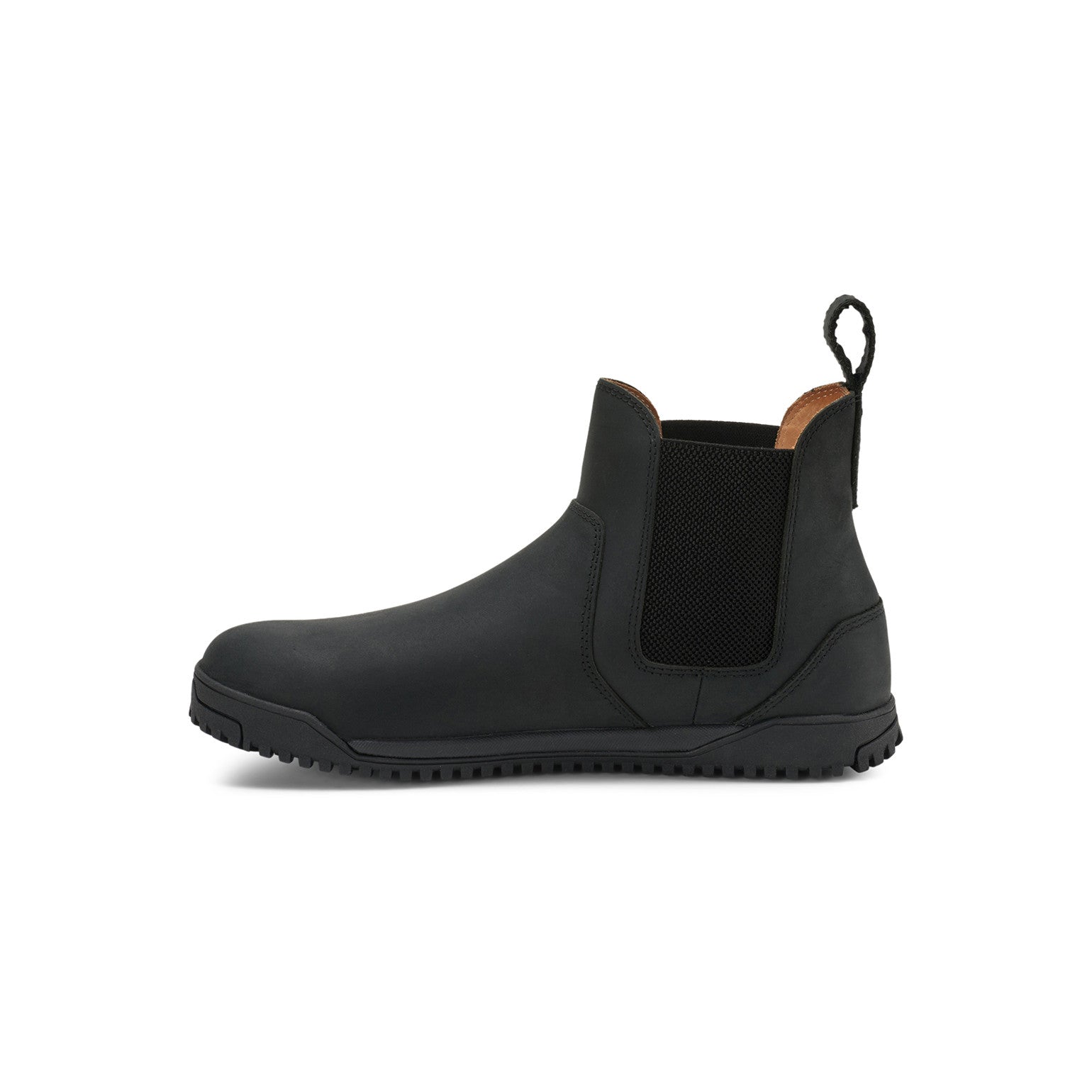 Barfußschuhe Xero Shoes Ridgeway Chelsea in Schwarz, Herrenstiefel aus Leder, linke Seitenansicht, erhältlich in unserem Onlineshop für Barfußschuhe.