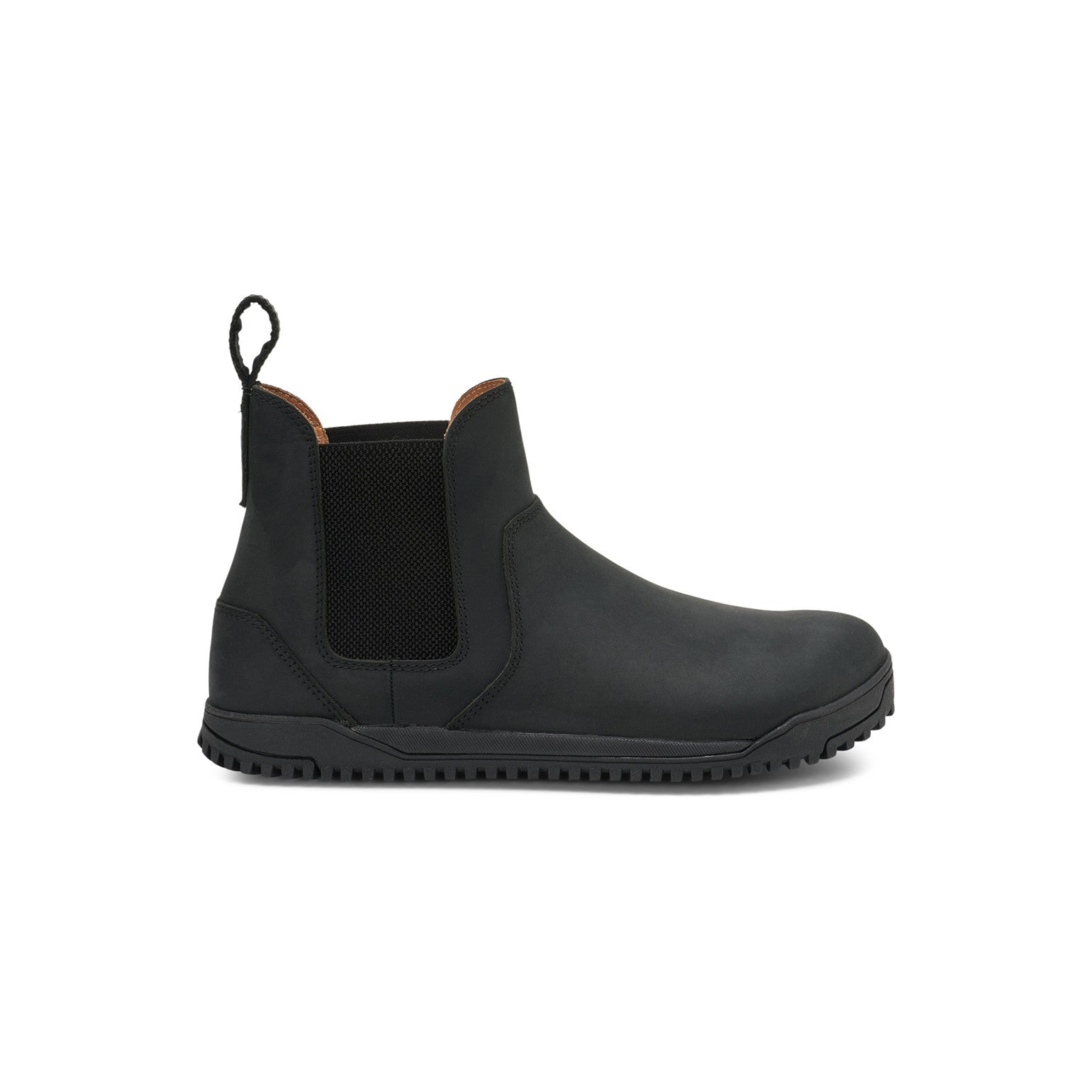 Barfußschuhe Xero Shoes Ridgeway Chelsea in Schwarz, Herrenstiefel aus Leder, rechte Seitenansicht, verfügbar in unserem Onlineshop für Barfußschuhe.