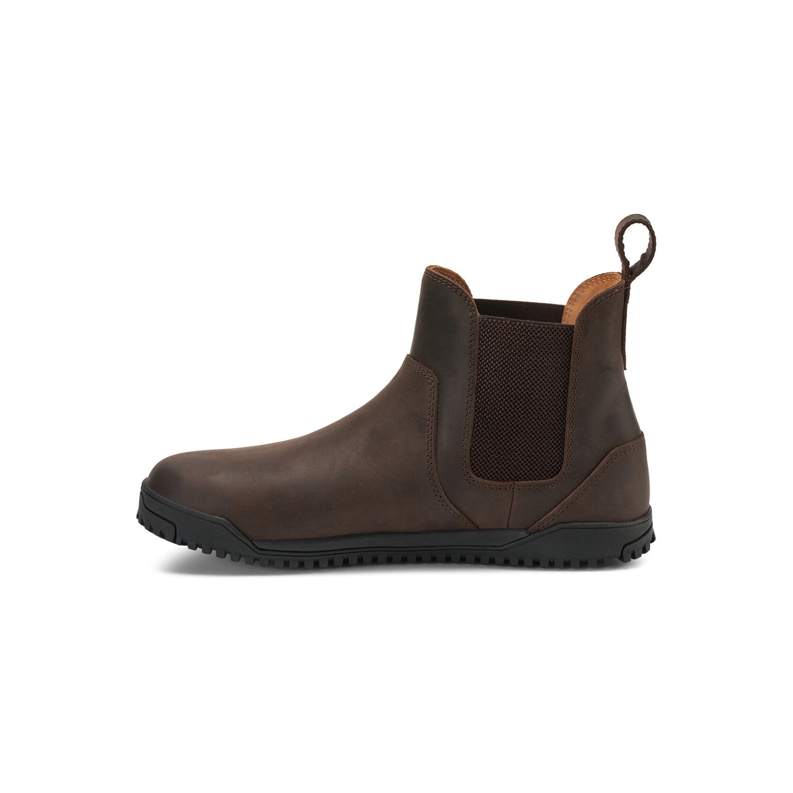 Barfußschuhe Xero Shoes Ridgeway Chelsea in Dunkelbraun, Herrenstiefel aus Leder, linke Seitenansicht, erhältlich in unserem Onlineshop für Barfußschuhe.