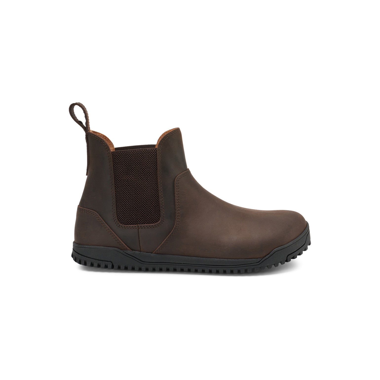 Barfußschuhe Xero Shoes Ridgeway Chelsea in Dunkelbraun, Herrenstiefel aus Leder, rechte Seitenansicht, verfügbar in unserem Onlineshop für Barfußschuhe.