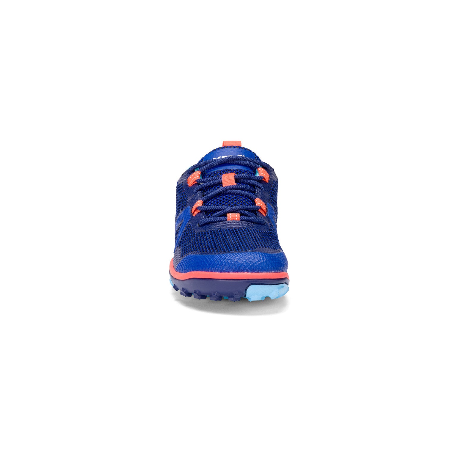 Frontansicht der Xero Shoes Scrambler Low Barfußschuhe in Sodalite Blue Orange für Damen als Wanderschuhe im Onlineshop für Barfußschuhe